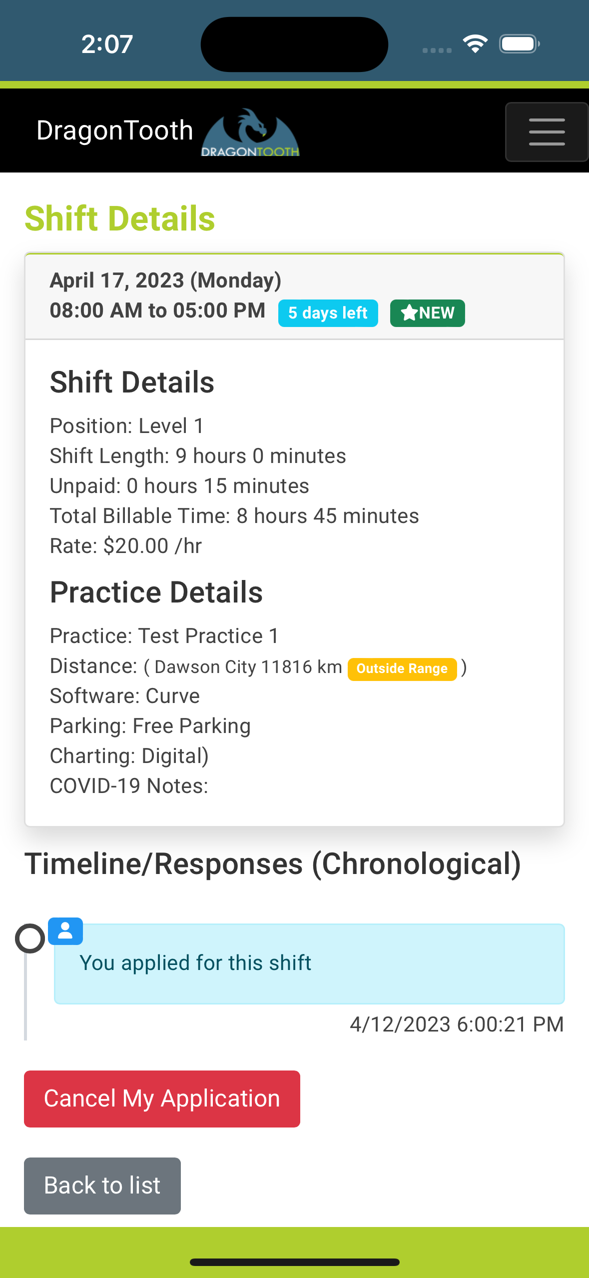 DragonTooth mobile app shift details view
