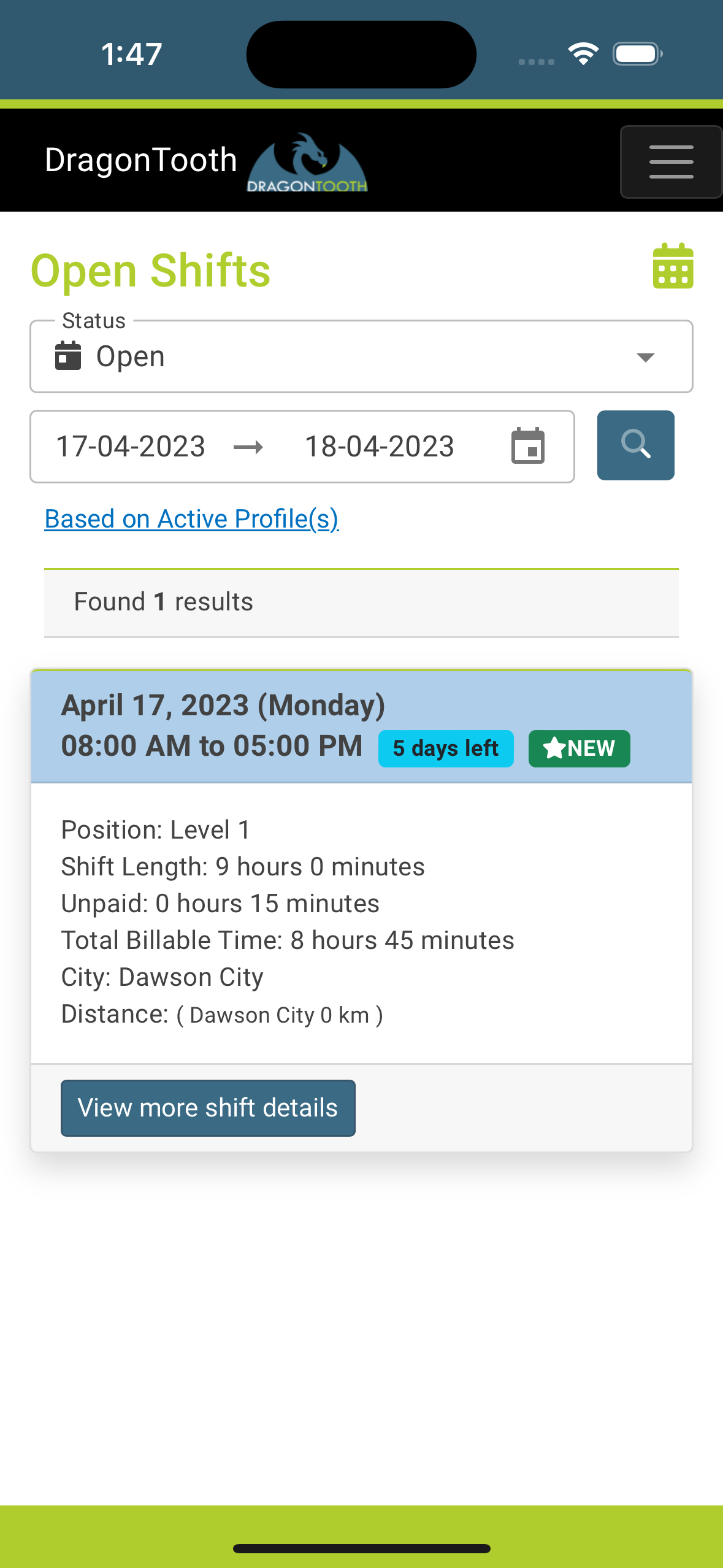 DragonTooth mobile app shift list view
